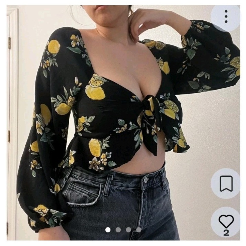 Emory Park‎ Top Black and Yellow Puff Sleeve Crop Blouse Lemon Print Size Large